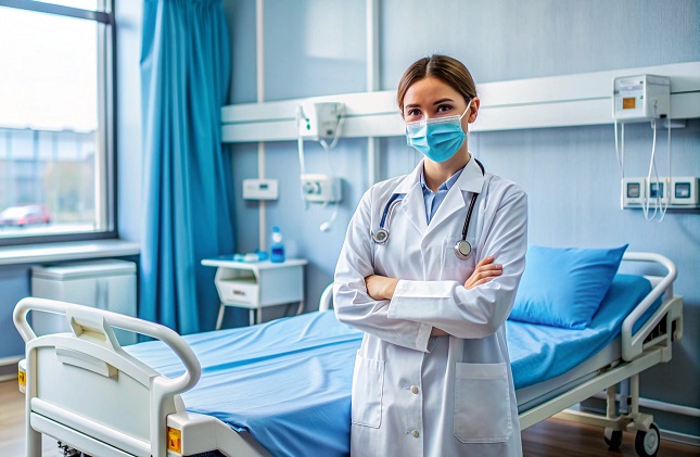 Doctor in a hospital room standing near a bed.