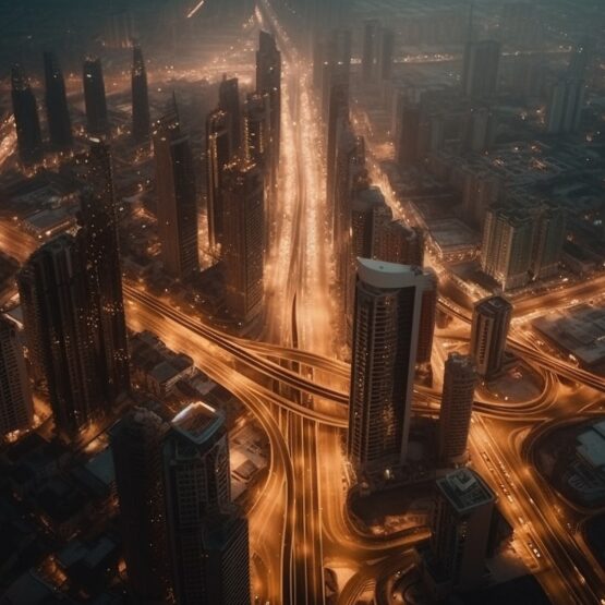 Illuminated skyscrapers light up Dubai futuristic skyline generated by artificial intelligence